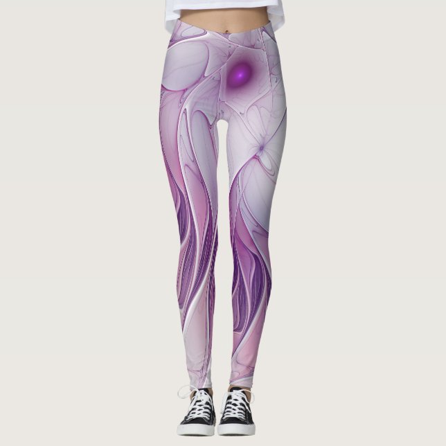 Legging Linda Flor Rosa Moderna Abstrato, Arte Fractal (Frente)