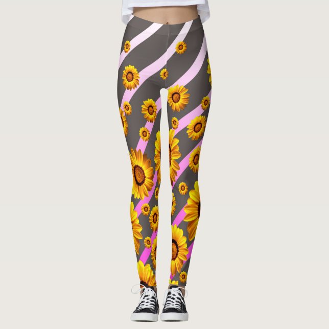 Legging Lindas flores amarelas nas cinzas, faixas cor-de-r (Frente)