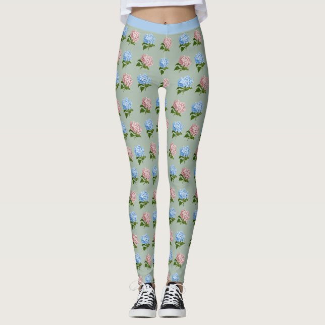 Legging Lindas Flores de Hortênsia Rosa Azul Floral Yoga (Frente)
