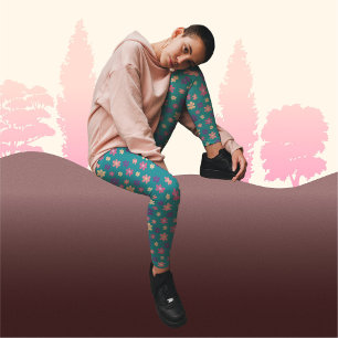 Legging Lindas Flores em Padrões de Fundo Verde-escuro