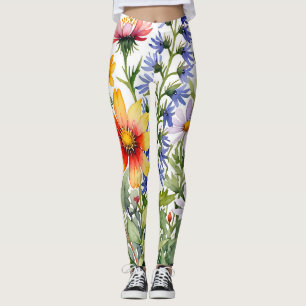 Legging Lindas flores silvestres coloridas pintura em aqua