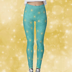 Legging Lindo Teal Vibrante com Estrelas Douradas Brilhant