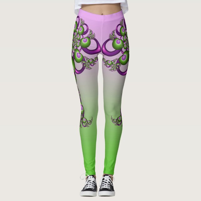 Legging Lindos Corações Verdes Rosa Modernos Fractais Abst (Frente)