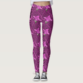 Legging Linha ondulada de cor púrpura e Legenda preta flor