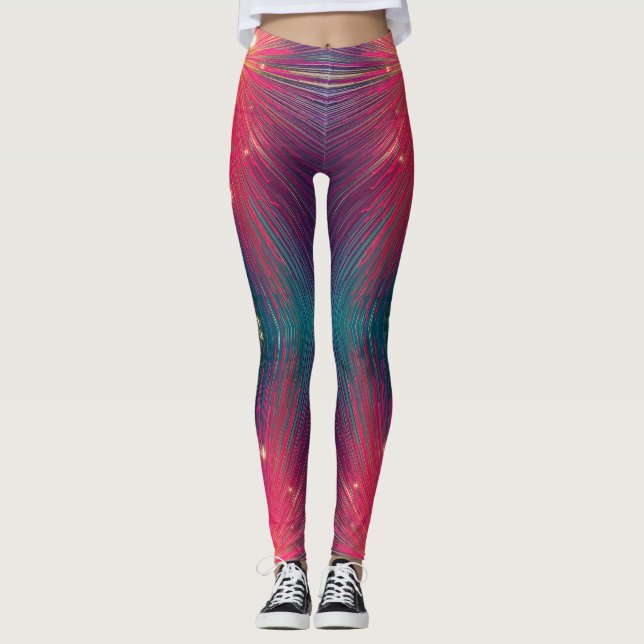 Legging Linhas de abstrato de turquesa rosa-quente moderna (Frente)