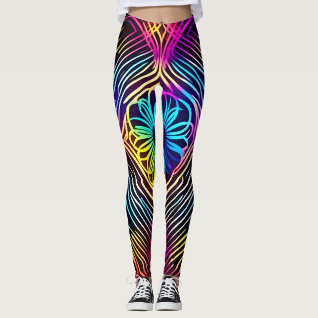 Legging Linhas de Neon Psicodélicas com Arte Flor (Frente)