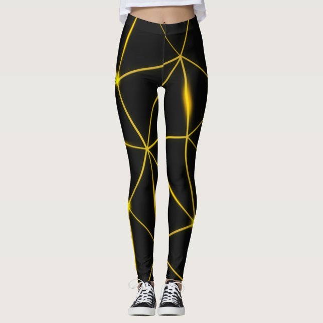 Legging Linhas de ouro de triângulos negros geométricos (Frente)