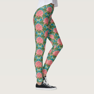 Legging Lírios de água cor-de-rosa e libélulas azuis na