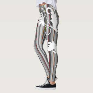 Legging Listra fina cinza com desenho floral branco 