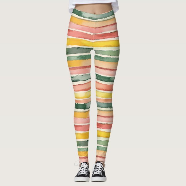 Legging Listras Amarelas Vermelhas Rosa Pêssego Verde (Frente)