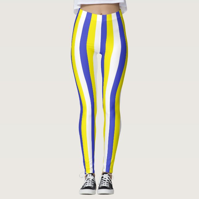 Legging Listras azuis, amarelas e brancas verticais (Frente)