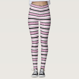 Legging Listras pretas e brancas com padrão floral magenta