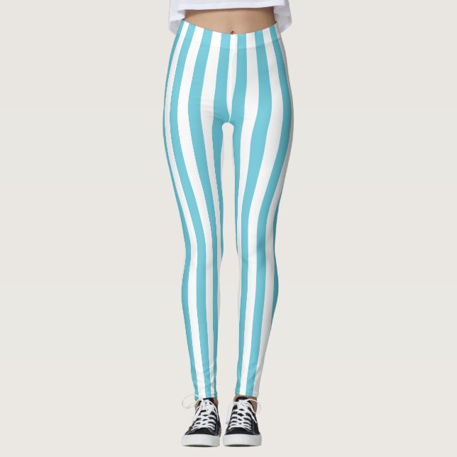 Legging Listras Verticais Clássicas em Azul Claro e Branco (Frente)