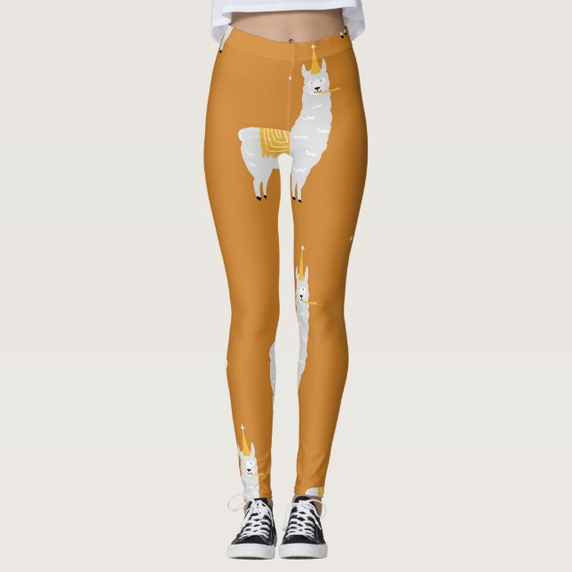 Legging Llama, fundo laranja: padrão de aniversário. (Frente)