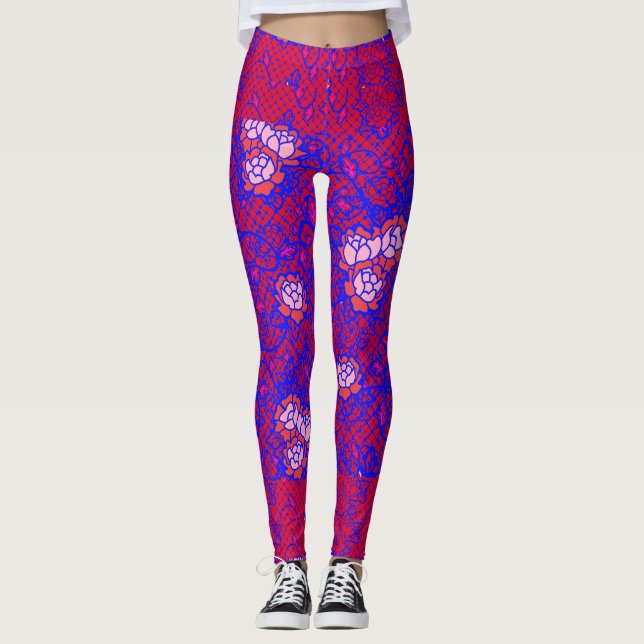 Legging Luminosa Blue net com flores 01 Red BG (Frente)