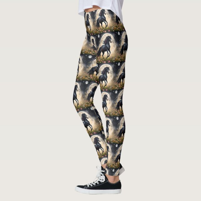 Legging Lunar Elegância: Cavalo de Fantasia Negra com Lua (Esquerda)