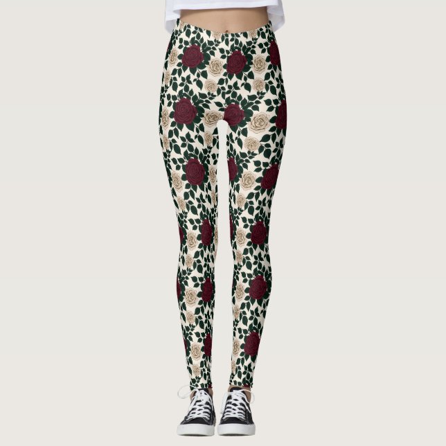 Legging Lush Red And Burgundy Roses With Dark Green Leaves (Frente)