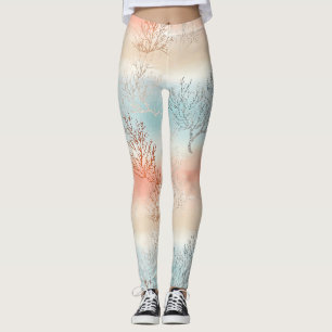 Legging Lux Aquarela Costeira Coral & Ondas do Oceano (1)