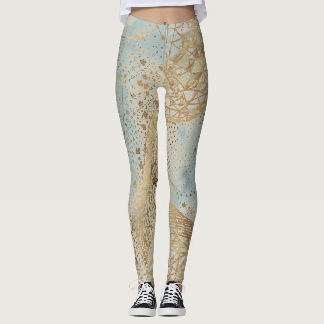 Legging Luxo, Linhas de Pixels Dourados Padrão Azul Suave (Frente)