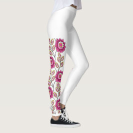 Legging Magenta Boho Floral Videira Borda Clássico Branco