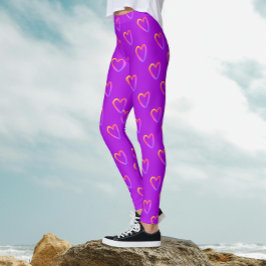Legging Magenta Divertido Legal Com Padrão de Corações em 