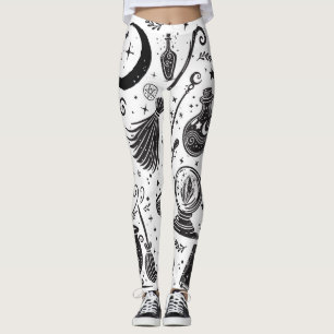 Legging Mágica Bruxa Whimsical Wiccan Pagan Black & White
