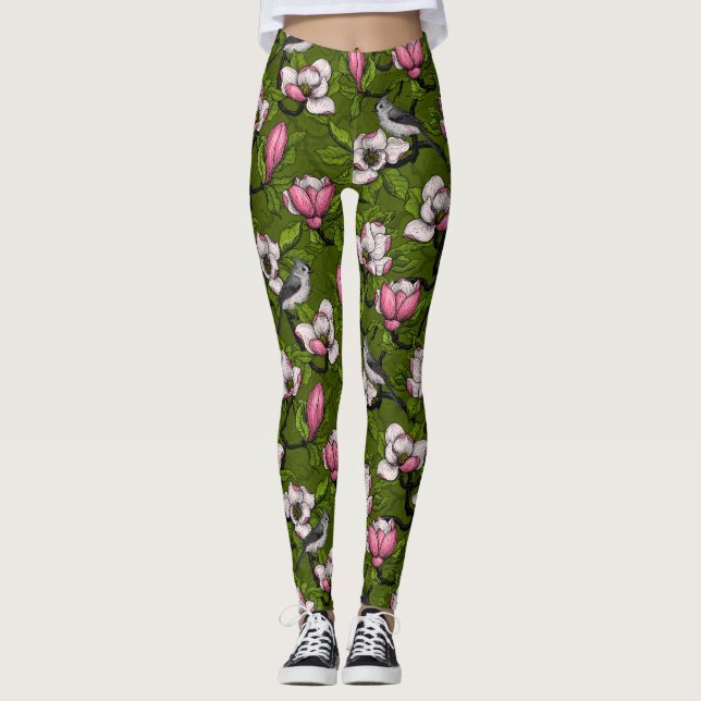 Legging Magnólia florescente e pássaro 2 (Frente)