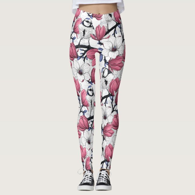 Legging Magnólia rosa e pássaros tintos azuis (Frente)
