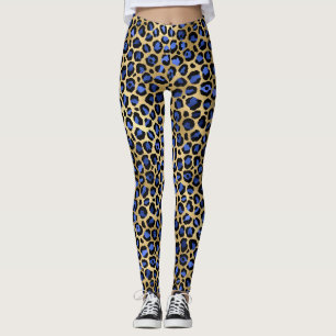 Legging Manchas de leopardo elegantes em azul real e doura