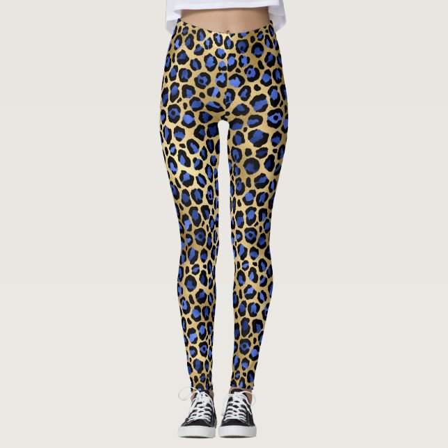 Legging Manchas de leopardo elegantes em azul real e doura (Frente)