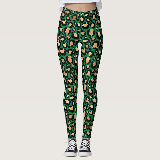 Legging Manchas de leopardo elegantes em verde escuro e fo (Frente)