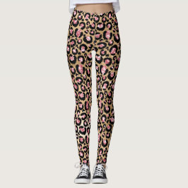 Legging Manchas de leopardo em brilho dourado e folha rosa