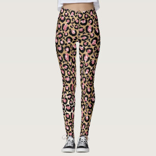 Legging Manchas de leopardo em brilho dourado e folha rosa