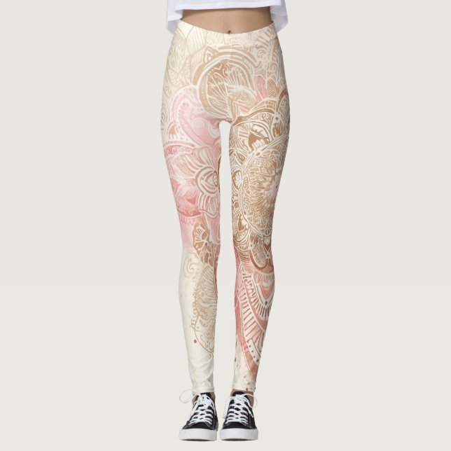 Legging Mandala Boêmio Boho Rosa Marrom Creme Moda (Frente)