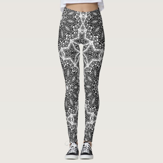 Legging Mandala branca preta, caleidoscópio, ornamento red (Frente)