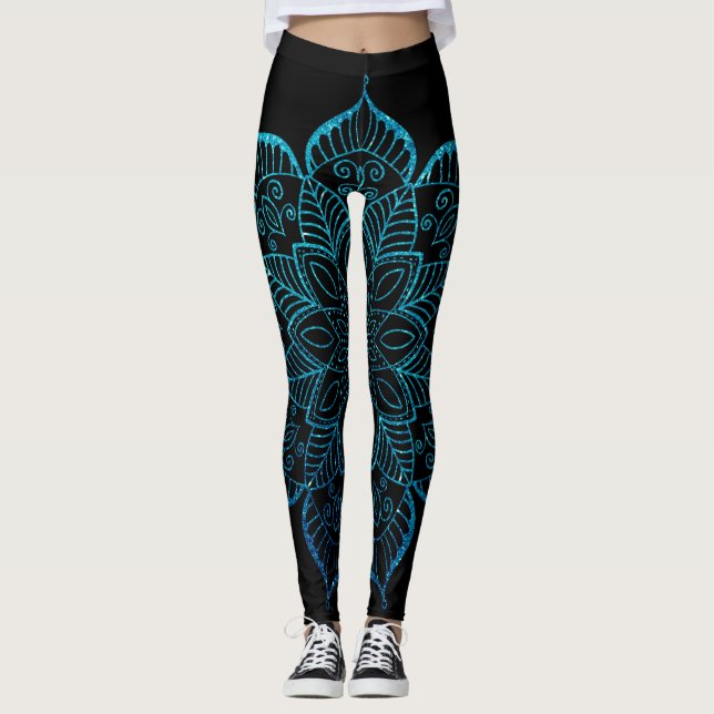 Legging Mandala de Brilho Falso em Azul Teal Escuro sobre  (Frente)