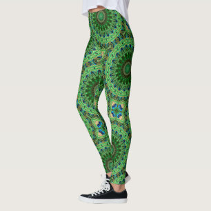 Legging Mandala de Pena de Pavão Esmeralda e Azul Simetria