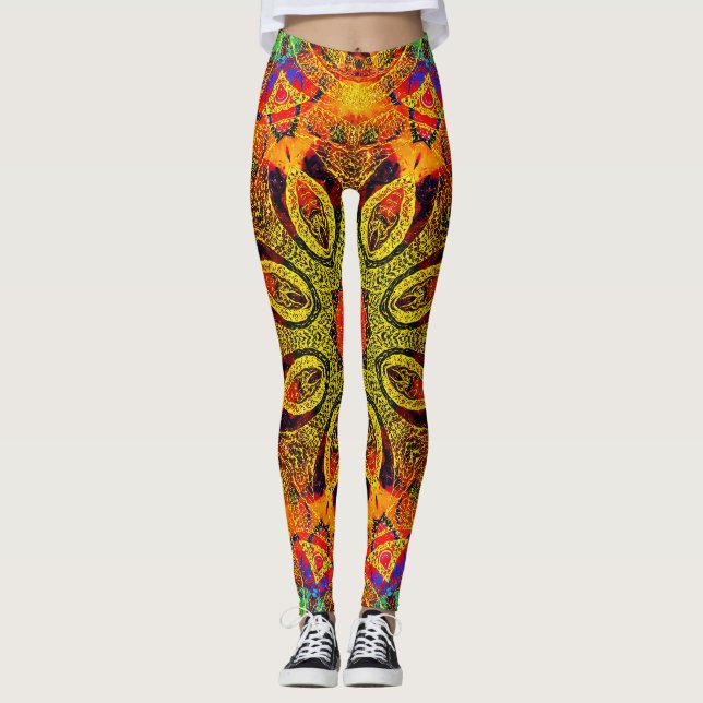 Legging Mandala, Design caleidoscópico em Dourado (Frente)