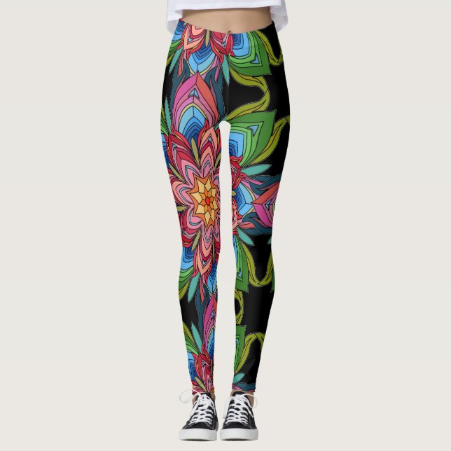 Legging Mandala Floral, Multicolor vibrante em preto (Frente)