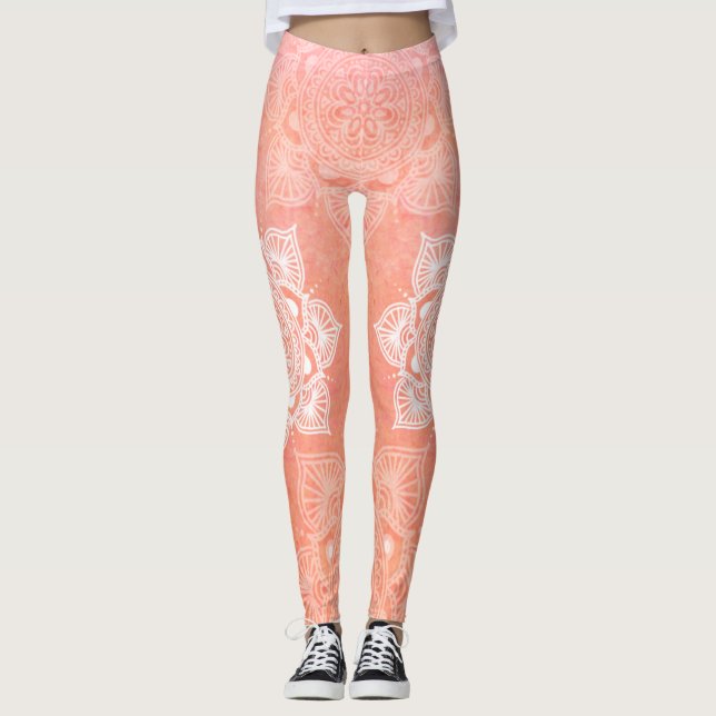 Legging Mandalas brancas sobre fundo de mármore de coral (Frente)