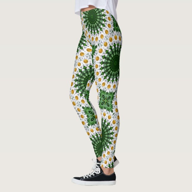 Legging Mandalas de Margarida Branca com Simetria Verde Fr (Esquerda)