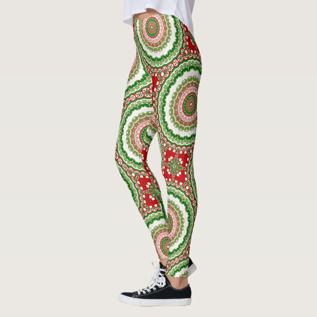 Legging Mandalas de Natal em Vermelho, Verde e Dourado Que (Esquerda)