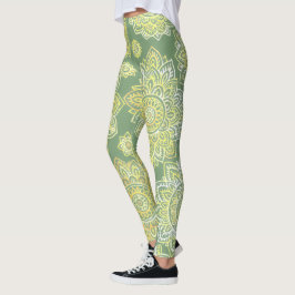 Legging Mandalas Desenhadas à Mão Boho Verde Salvia