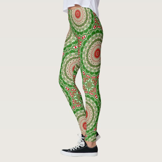 Legging Mandalas Festivas Vermelhas e Verdes com Simetria  (Esquerda)