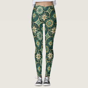 Legging Mandalas Florais Esmeralda e Dourado - Ornamental