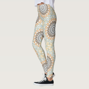 Legging Mandalas Geométricas em Laranja, Cinza e Azul