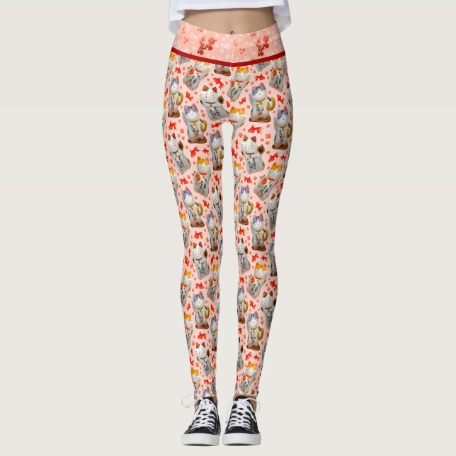Legging Maneki Neko Cat e Sushi, cor-de-rosa, japoneses (Frente)