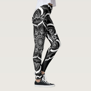 Legging Mão boémia branco tirado do preto da mandala