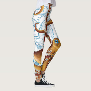 Legging Mapa da Vintagem Azul do Octopus Castanho
