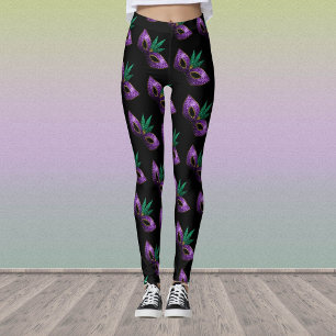 Legging Mardi Gras Mask Purple Green Esparcial preto